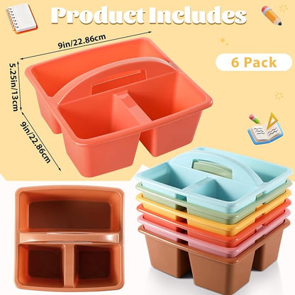 6 Pack 3 Compartment Small Caddy Plastic Classroom Organizer with Handle Portable Teacher Supply Storage Caddy Craft Art Caddies for Pencil, Crayon, Marker, Home, Office, School Supplies(Boho)