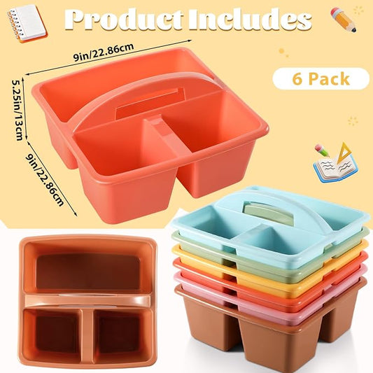 6 Pack 3 Compartment Small Caddy Plastic Classroom Organizer with Handle Portable Teacher Supply Storage Caddy Craft Art Caddies for Pencil, Crayon, Marker, Home, Office, School Supplies(Boho)