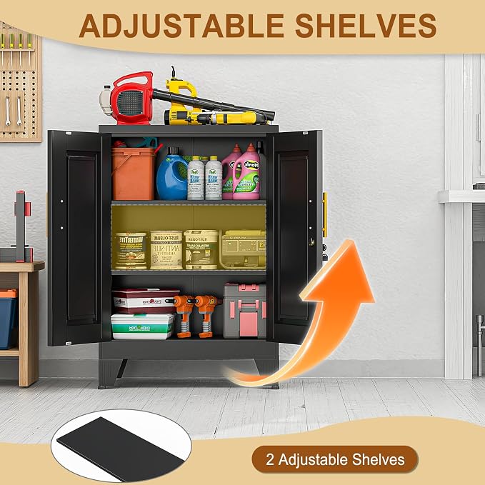 36" Metal Garage Storage Cabinet with Lock,Lockable Office File Cabinet with 2 Doors and 2 Adjustable Shelves,Outdoor Steel Locker Organizer for Home Office,Gym,School,Warehouse(Black)