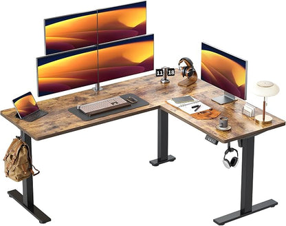 TIQLAB 63 x 55 inch L Shaped Standing Desk Adjustable Height, Electric Corner Standing Desk, Sit Stand Computer Table with Splice Board, Rustic Brown