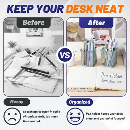 Segarty Pen Holder, 3 Pack Square Silver Pencil Holder for Desktop, Metal Mesh Pen Cup Container Desk Organizer for Office Supplies, School, Home, Makeup Brush Storage