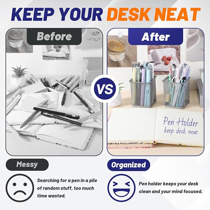 Segarty Pen Cup Holder, 12 Pack Square Silver Pen Holder for Desk, Multifuntional Mesh Pencil Cups Containers for Marker, Office Supplies, School Students, Home Desktop, Brush Organizer