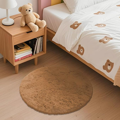 OLANLY Khaki Round Rugs for Bedroom - Machine Washable, 2 ft Circle Area Rugs for Living Room, Soft and Fluffy Shaggy Carpet for Teen Girl and Boys, Nursery Rooms, Dorms, Home Decor Aesthetic