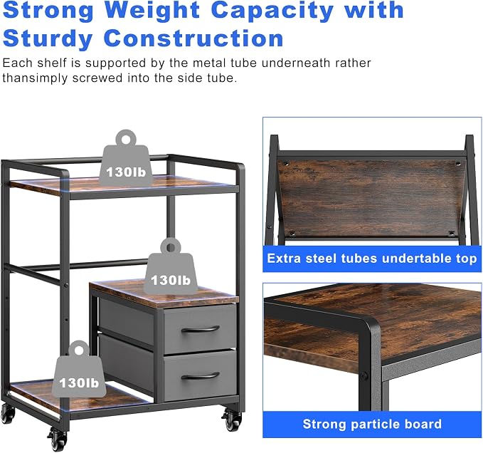 22" x 18.5" Large Printer Stand with Wheels, Mobile Rolling Printer Table Cart for Home Office, Rustic Brown Storage Organizer for Scanner, Fax, CPU, Shredder