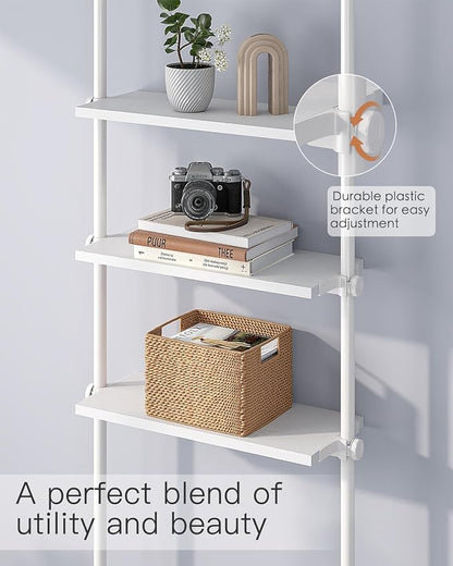 ALLZONE Adjustable Tall Narrow Bookshelf, 5-Tier Floor-to-Ceiling Tension Mount Ladder Book Shelf with Storage for Versatile Uses, Fits 92-116 Inch Ceilings, 27.84-Inch Wide Wood Shelves, White