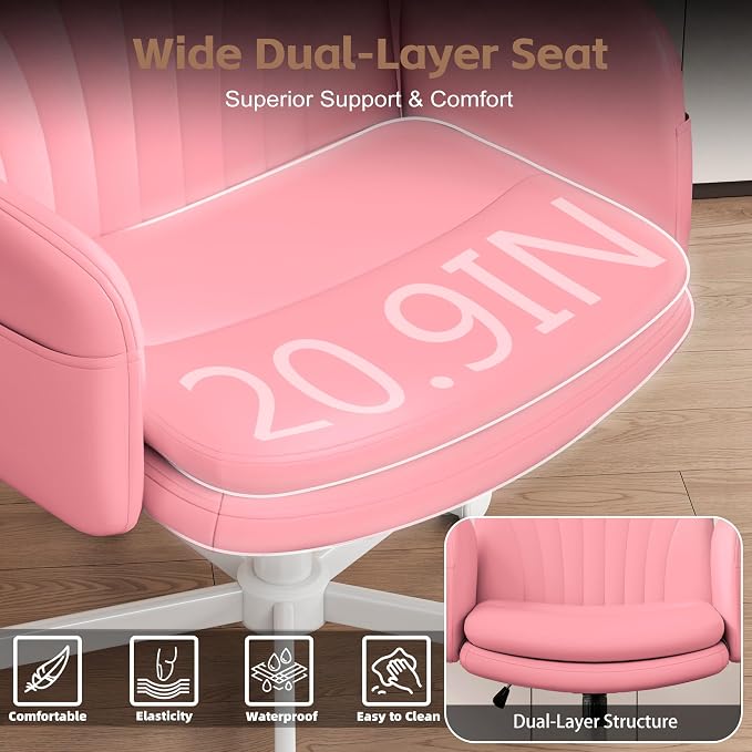 Vonesse Criss Cross Office Chair with Wheels & Armrests, Height Adjustable Vanity Chair, Makeup Chairs with Side Pockets Design, Comfortable Computer Desk Chairs for Home (PU Leather,Pink)