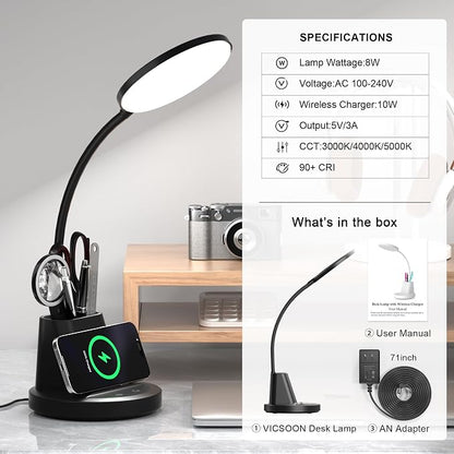 Desk Lamp with Wireless Charger, LED Desk Lamps for Home Office with Pen Holder, Dimmable Eye-Caring Study Desk Light Flexible Arm 3 Color Modes for College Dorm, 800 Lumens CRI 90