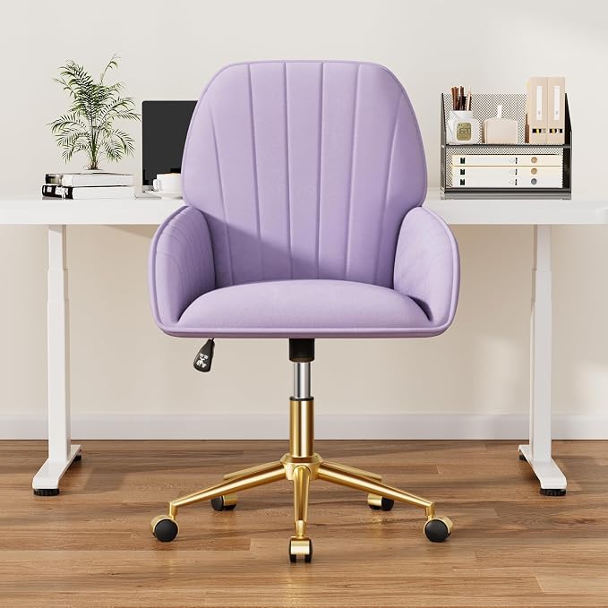 Home Office Desk Chair Comfy with Adjustable Swivel Wheels, Modern Velvet Makeup Vanity Chair with Back & Pillow, Ergonomic Office Chair Computer Task Chair for Living Room, Bedroom, Purple