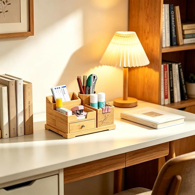 Bamboo Desk Organizer with Drawer, Pen Holder & Business Card Slot, Multi-Compartment Storage Caddy for Office & Home Office, Ideal for Pens, Sticky Notes, Clips, (Bamboo natural)