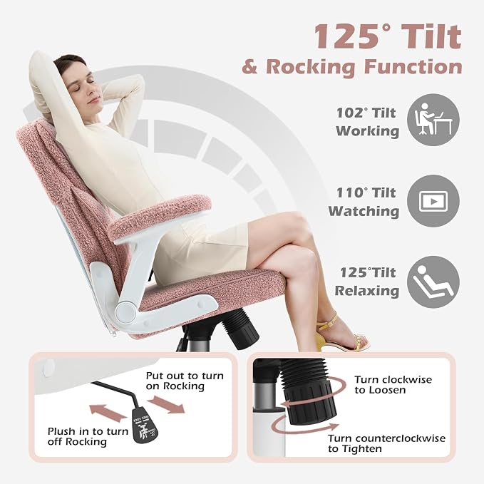 SEATZONE Pink Home Desk Office Chair with Arms and Wheels, Comfortable Executive Computer Chair, Breathable Mesh and Teddy Fleece Fabric Swivel Task Chairs for Women&Girls