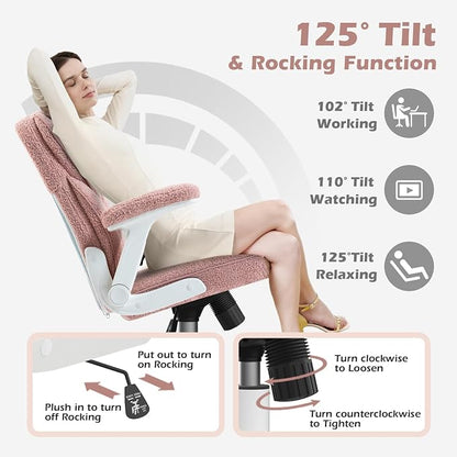 SEATZONE Pink Home Desk Office Chair with Arms and Wheels, Comfortable Executive Computer Chair, Breathable Mesh and Teddy Fleece Fabric Swivel Task Chairs for Women&Girls