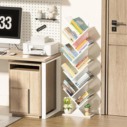 SHEEPAM 10 Tier Tree Book Shelf, Floor Standing Wood Bookshelf for Narrow Space, Storage Organizer Bookshelves for Books/CDs/Magazine, Bookcase with Shelves for Home Office, Living Room - White