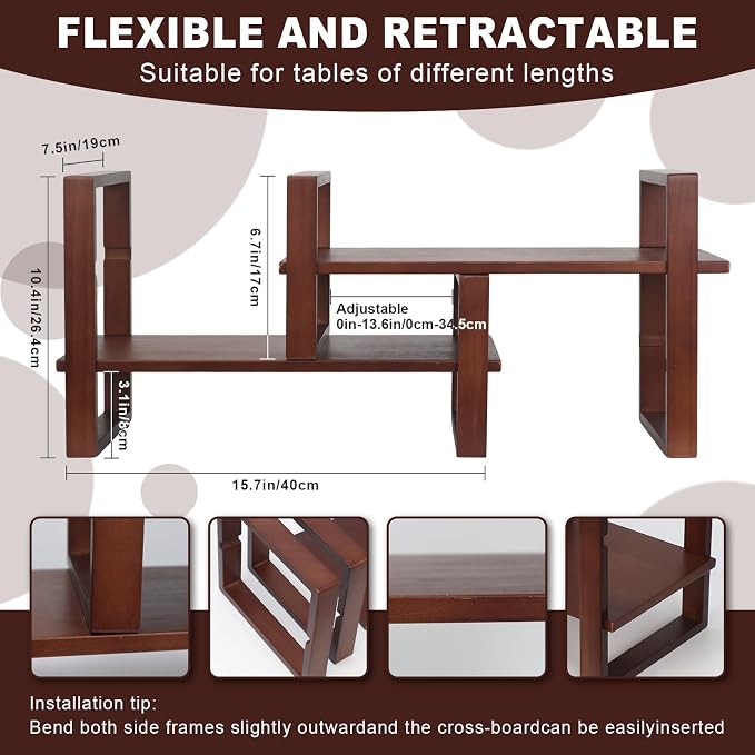 Desk Shelf, 100% Solid Wood Adjustable Desktop Bookshelf, No Tools or Nails Required Retro Tabletop Bookshelf, 130lb Load Capacity for Living Room, Office, for Books, Cookbooks, Walnut Colour