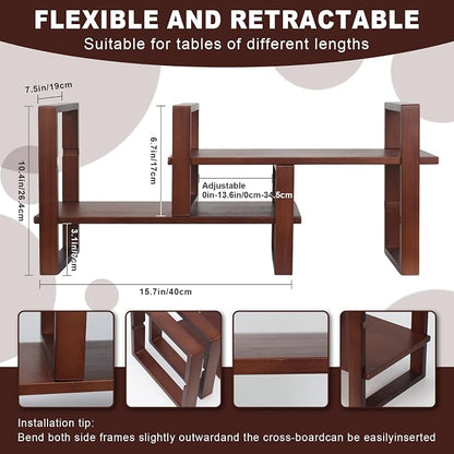 Desk Shelf, 100% Solid Wood Adjustable Desktop Bookshelf, No Tools or Nails Required Retro Tabletop Bookshelf, 130lb Load Capacity for Living Room, Office, for Books, Cookbooks, Walnut Colour