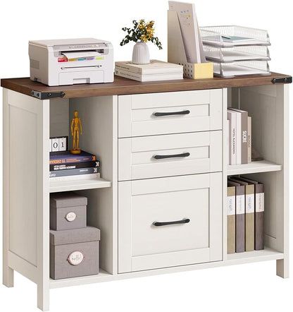 Halitaa 3 Drawer File Cabinet, Farmhouse Lateral Filing Cabinet Fits File Letter or A4 Size, Wooden Printer Stand with Open Storage Adjustable Shelf for Home Office, White