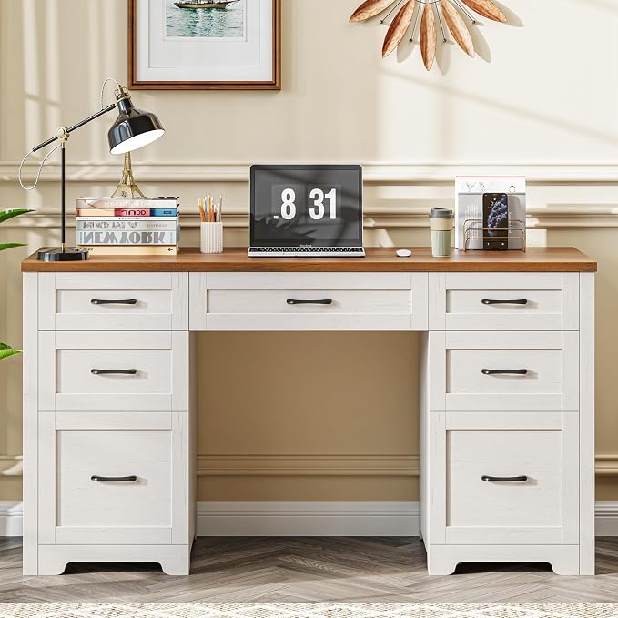 Vabches Farmhouse 61'' Executive Desk with 7 Drawers, Rustic Office Desk Computer Table with File Drawers, Wood Workstation for Study and Home Office,Unique White