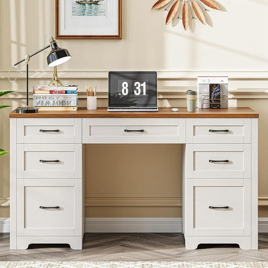 Vabches Farmhouse 61'' Executive Desk with 7 Drawers, Rustic Office Desk Computer Table with File Drawers, Wood Workstation for Study and Home Office,Unique White