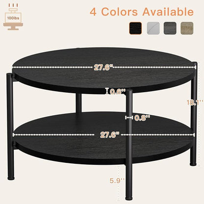 FAMIDGE Coffee Table, 2 Tier Coffee Tables for Living Room, Round Coffee Table with Storage, Floor Table for Bedroom, Home Office, Black (27.6" D x 18.1" H)
