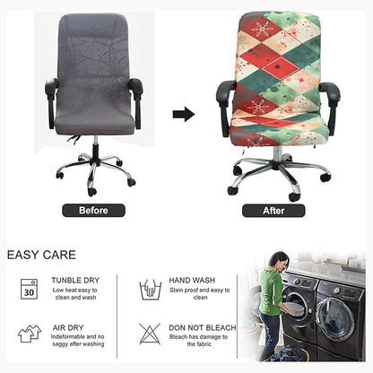 Christmas Office Chair Cover Green,Printed Elk,pinecone,Xmas tree,Snowflake,Jingle bell Stretch Computer Chair Cover Universal Removable Washable Anti-Dust Chair Slipcover with Zipper (L,Christmas-09)