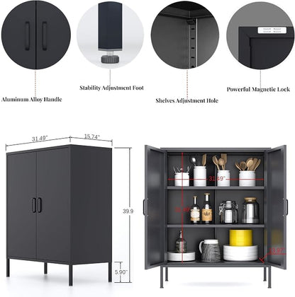 Chshin Black Metal Storage Cabinet,Metal Locker Storage Cabinet with 2 Doors and Shelves,Kitchen Pantry Cabinet,Modern Storage Freestanding Organizer Rust for Home,Kitchen,Office