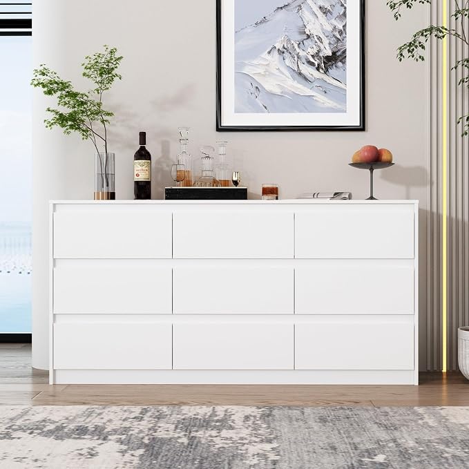 Home Office Cabinet with 9 Storage Units, 63” Lateral File Cabinet with No Handle Drawers, Wide Storage Cabinet, White, 15.7”D x 63”W x 31.5”H