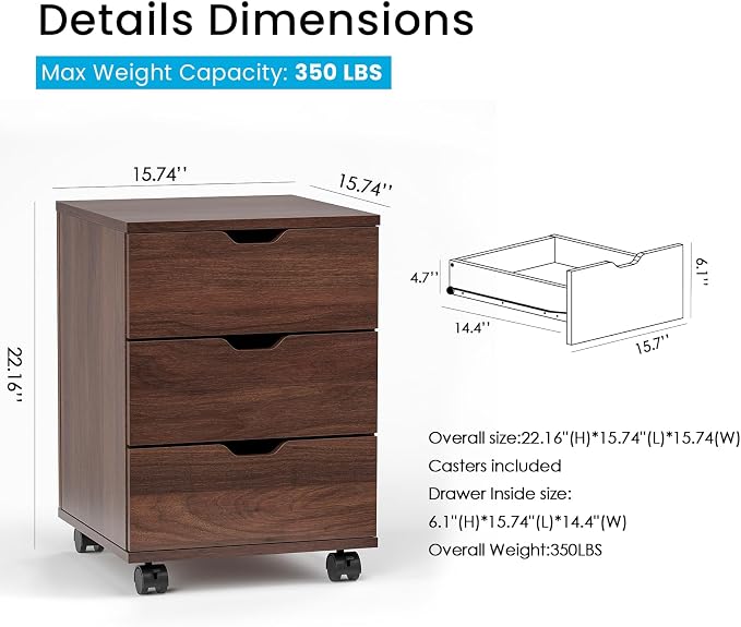 Farini Wood File Cabinet for Home Office,Under Desk 3 Drawer Mobile File Cabinet(Brown,Fully-Assembled)