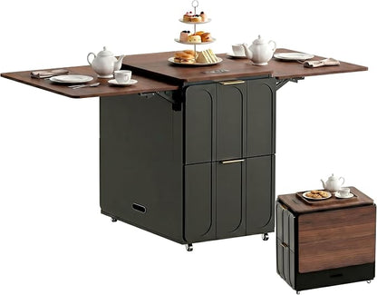 ModernMate 3-in-1 Folding Desk & File Cabinet, Fluted Multi-Storage Workspace with 4 Drawers, Lockable Wheels | Power Outlet | Fits A4/Letter Files, Space-Saving for Small Home Office, Black Walnut