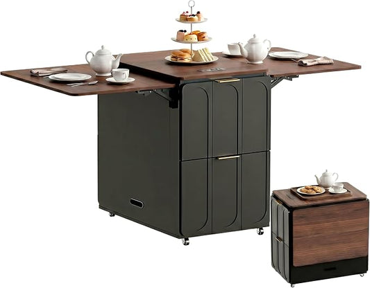 ModernMate 3-in-1 Folding Desk & File Cabinet, Fluted Multi-Storage Workspace with 4 Drawers, Lockable Wheels | Power Outlet | Fits A4/Letter Files, Space-Saving for Small Home Office, Black Walnut