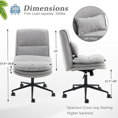 VINGLI Cloud Criss Cross Legged Chair,18" High Back Armless Home Office Desk Chair with Wheels,Wide Adjustable Comfy Padded Seat Task Computer Chair,Modern Swivel Makeup Vanity Chair,Fabric,Grey