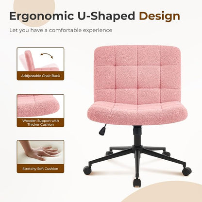 Furnimart Swivel Criss Cross Legged Chair with Wheels for Home Office, Wide Armless Desk Chair Height Adjustable Comfy Seat for Desk,Vanity, Bedroom, Faux Fur Pink