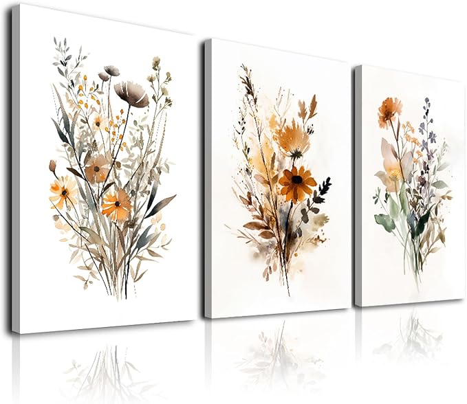 Colorful Wildflower Canvas Wall Art,Floral Wall Art Framed Set of 3 Flowers Art Prints,Watercolors Flower Wall Decor Living Room,Minimalist Botanical Wall Art Modern Wall Decor for Bathroom Bedroom Office,12"x16