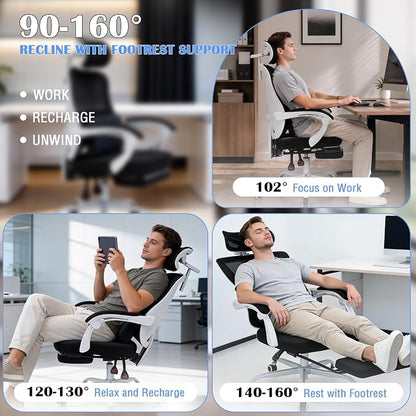 Ergonomic Home Office Chair with Footrest - Adjustable Lumbar Support & 3D Headrest, 90-160° Reclining Mesh High-Back Rolling Work Swivel Computer Chair-400lbs Capacity (White & Black)