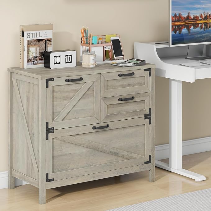 Halitaa Lateral File Cabinet with 4 Drawers, Farmhouse File Cabinet for Letter/Legal/A4 Size Hanging Files, Large Wood File Storage Cabinets Printer Stand for Home Office Cabinets, Rustic Grey