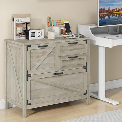 Halitaa Lateral File Cabinet with 4 Drawers, Farmhouse File Cabinet for Letter/Legal/A4 Size Hanging Files, Large Wood File Storage Cabinets Printer Stand for Home Office Cabinets, Rustic Grey