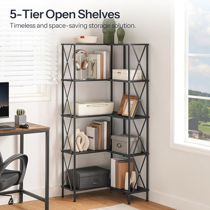 HOOBRO Corner Bookshelf, 5-Tier L-Shaped Bookcase, Industrial Open Display Shelf Tall Storage Organizer, Vertical Storage Rack, for Living Room, Home Office, Black BB60SJ01