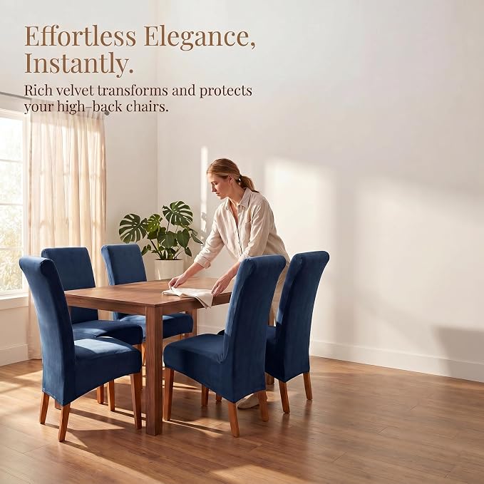 Deisy Dee Stretch XL/Oversized Extra Large Velvet Dining Room Chair Covers for Kitchen Dining，Removable Washable Chair Protectors Slipcovers (Navy, 2)
