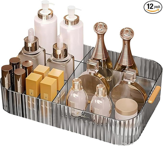 DASITON Large Capacity Makeup Organizer,12 Slots Makeup Brush Holder,Makeup Storage with Handle,Vintage Striped Cosmetic Organizer for Bathroom Countertops,Desk Storage Container(Grey)