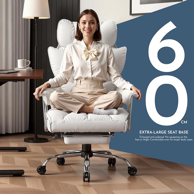 Efomao Big and Tall Office Chair 400lbs, Executive PU Leather Desk Chair with Footrest & Lumbar Support, Heavy Duty Computer Seating for Home, White | 400lbs support, 135° recline, dual-layer foam cushion, 23.5" seat & footrest. BIFMA