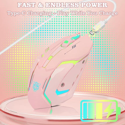 Wireless Gaming Mouse, Rechargeable Wireless Computer Mouse with Type-C Fast Charging, Ergonomic Mouse with 3 Adjustable DPI, 6 Silent Buttons, LED Light, Long Battery Life for Laptop, PC, Mac (Pink)