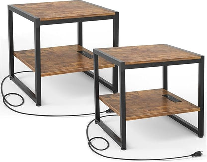 Homieasy End Table with Charging Station, 20" Mini Fridge Stand with Power Outlets, Heavy Duty Side Table for Living Room, Small Table Stand & Fridge Table, Rustic Brown, 2 Pack