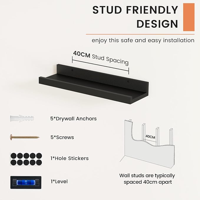 FLYJOE Picture Ledge Shelf, Floating Shelves Set of 2, 16 Inches Nursery Book Shelves for Toys Storage, Kids Bookshelf Wall Mounted for Living Room Bedroom Decor Books Photo Frames, Black