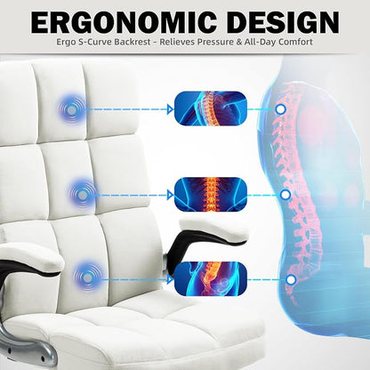 ECOTOUGE Executive Office Chair, Velvet Ergonomic Comfy Desk Chair, High Back Computer Chair with Adjustable Tilt Angle and Flip-up Arms, Beige, Without Footrest