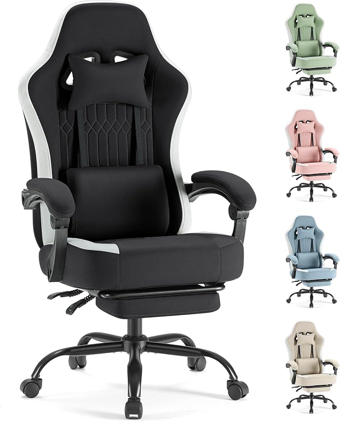 Sweetcrispy Computer Gaming Chair: Ergonomic Desk Chair with Footrest and Lumbar Support, High Back Height Adjustable with Linkage Armrests and Headrest, 360° Swivel Wheels, Black