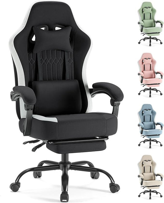 Sweetcrispy Computer Gaming Chair: Ergonomic Desk Chair with Footrest and Lumbar Support, High Back Height Adjustable with Linkage Armrests and Headrest, 360° Swivel Wheels, Black