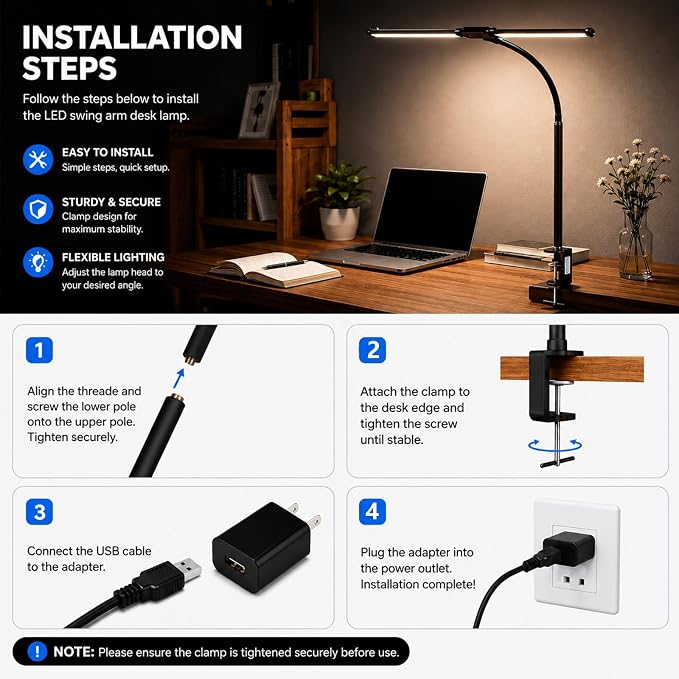 LED Desk Lamp for Home Office, Eye-Care Architect Light with Clamp, Double Head Computer Monitor Table Light with 3 Color Modes 10 Brightness, Adjustable for Reading, Study, Drafting, Workbench, Black