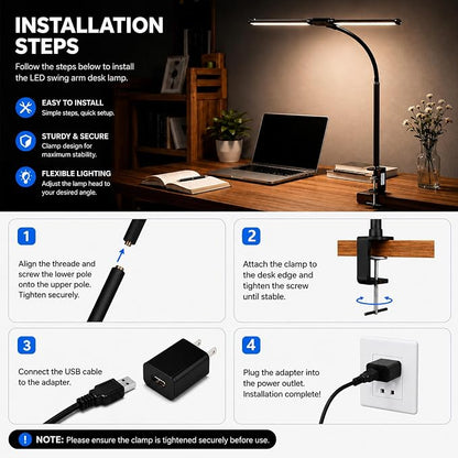 LED Desk Lamp for Home Office, Eye-Care Architect Light with Clamp, Double Head Computer Monitor Table Light with 3 Color Modes 10 Brightness, Adjustable for Reading, Study, Drafting, Workbench, Black