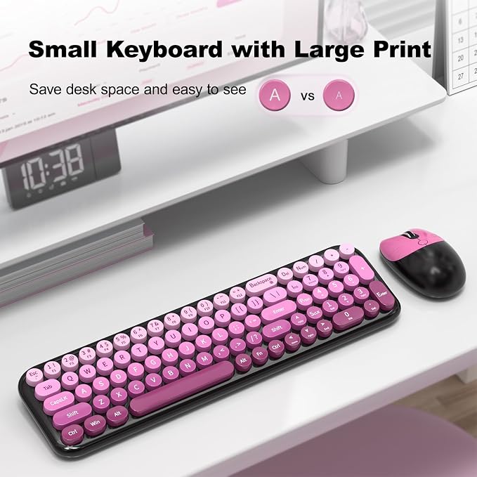 MOFII Wireless Keyboard and Mouse Combo, Compact Small Keyboard with Large Print, 2.4GHz Retro Typewriter Keyboard, Quiet Click Mouse for PC, Laptop, Desktop, Windows (Black Pink Gradient)