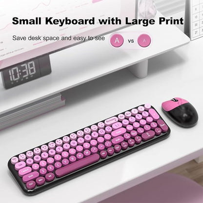 Wireless Keyboard and Mouse Combo, MOWUX Compact Typewriter Retro Round Computer Keyboard, Cute Optical Mouse Wireless, Plug and Play, for Laptop, PC, Computer- Black Pink Gradient