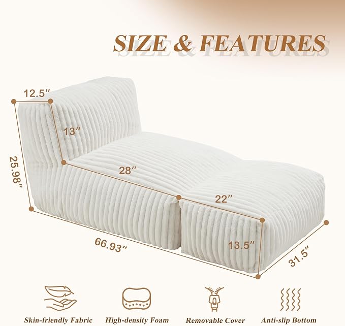 Hobestluk Giant Memory Foam Bean Bag Chairs Sofa for Adults (White,Large) | Soft Fabric,Ergonomic Back Support,Lightweight,Easy Clean,No Assembly,Wear-resisting,For Livingroom Guest room,Well-looking