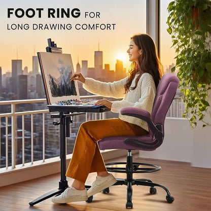 MAHOMICO Drafting Chair for Standing Desk – Tall Office Chair with Adjustable Height & Foot Ring, Flip-Up Arms, Lumbar Support – Comfortable Fabric Seat, Ideal Home Desk Chair